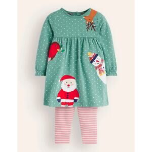 Baby Boden Jersey Dress and Legging Set Eucalyptus Pin Spot / Blush Santa 12-18m